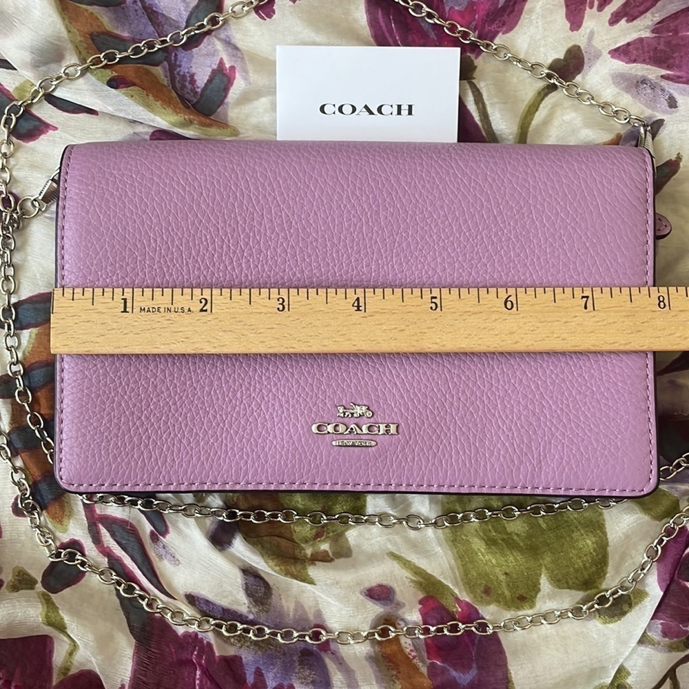 Brand New Coach Genuine Leather Foldover Clutch Crossbody Chain Purse Purple - Picture 5 of 16